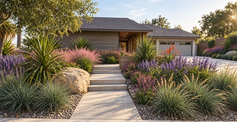 3D landscape rendering: A garden path framed by layered, colorful planting.