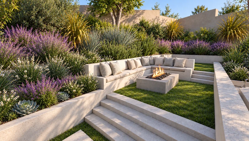 3D landscape rendering: Integrated seating, a fire feature, and planted terraces.
