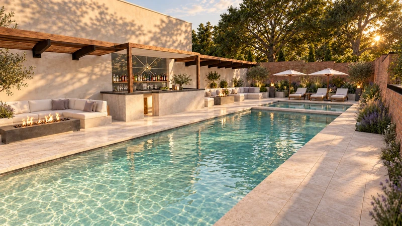 3D landscape rendering: A poolside setting with shade, seating, and outdoor amenities.